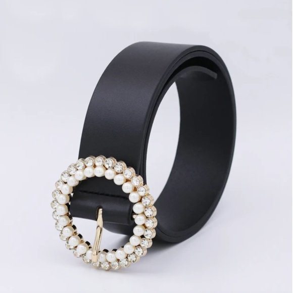 Vegan Leather Pearl and Rhinstone Buckle Belt - Picture 3 of 6